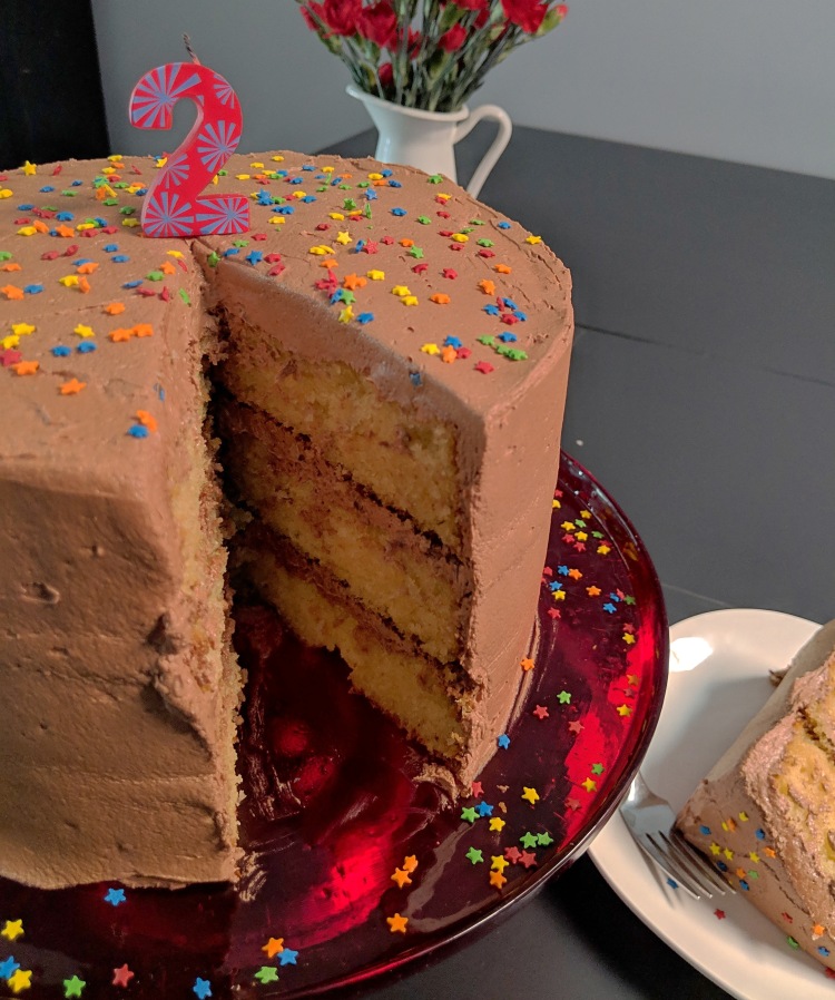 Three-layer yellow cake with chocolate frosting, sprinkles, and a candle